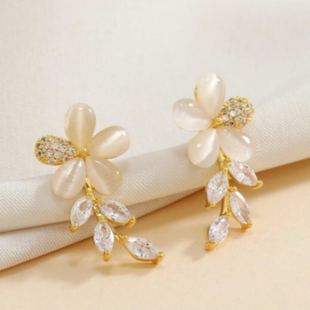 Opal Blossom Floral Flower Gold Fashion Earrings